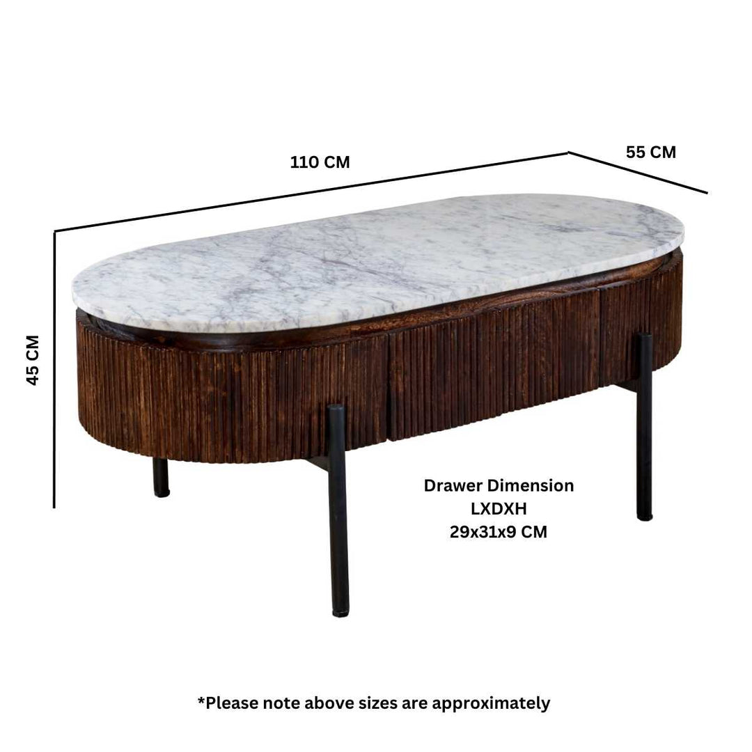 Marble Top & Metal Legs Mango Wood Rectangular Fluted Coffee Table Opal