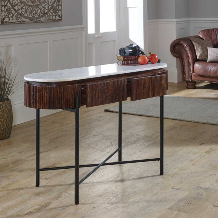 Mango Wood Console Table With Marble Top And Metal Legs Opal