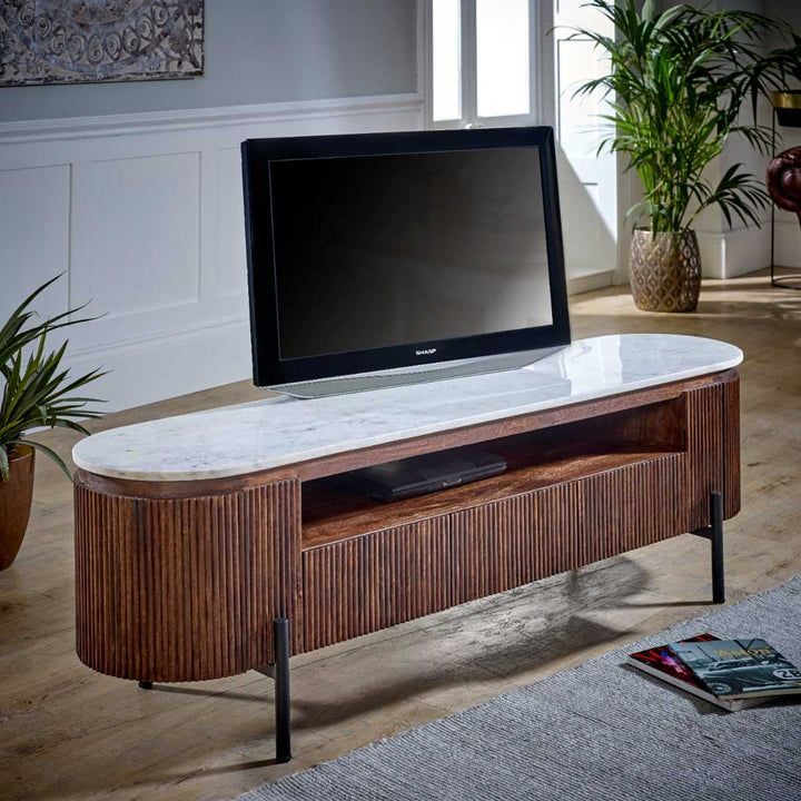 Marble Top & Metal Legs Mango Wood Large Tv Stand Opal