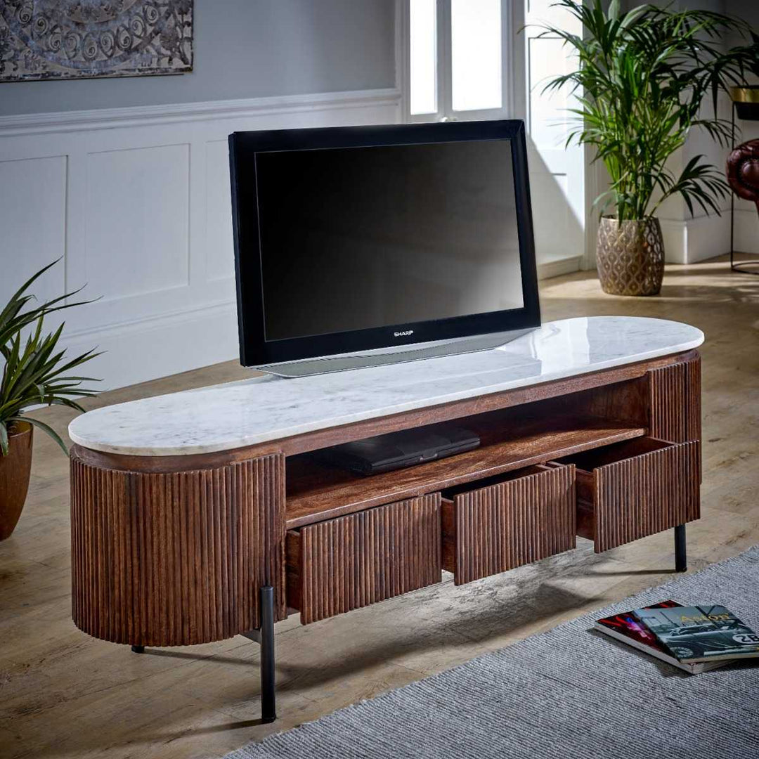 Marble Top & Metal Legs Mango Wood Large Tv Stand Opal