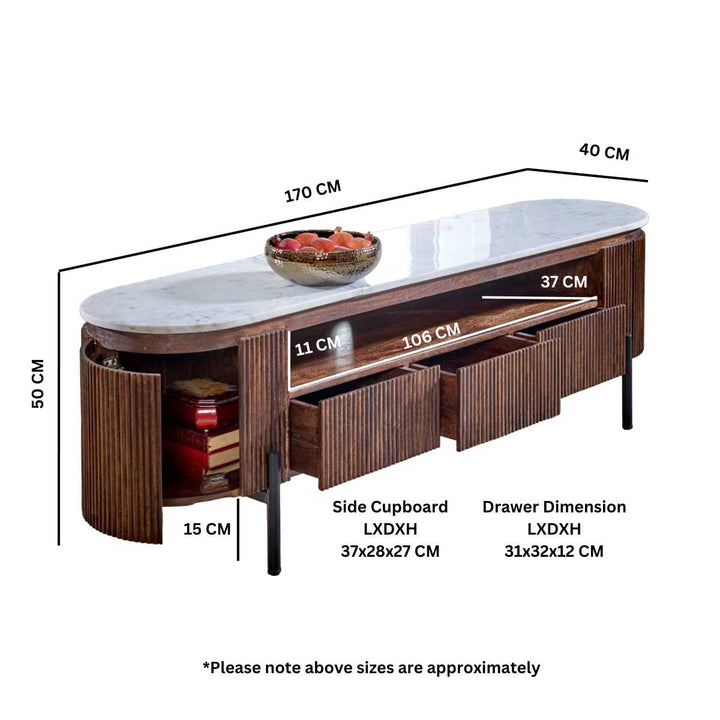 Marble Top & Metal Legs Mango Wood Large Tv Stand Opal