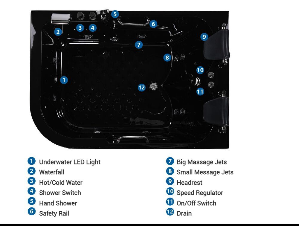 Left Hand Whirlpool Corner Bath with LED 1700 x 1190 mm Black Bayamo