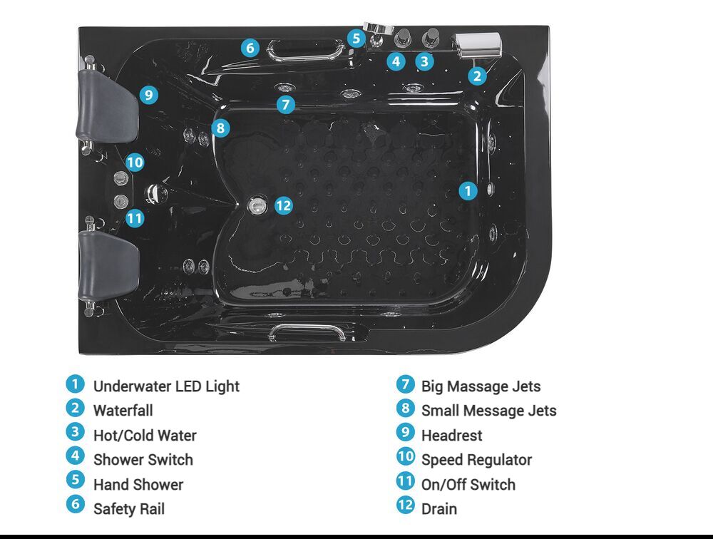 Right Hand Whirlpool Corner Bath with LED 1700 x 1190 mm Black Bayamo