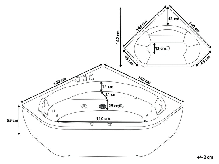 Whirlpool Corner Bath with LED 1400 x 1400 mm Black Meves