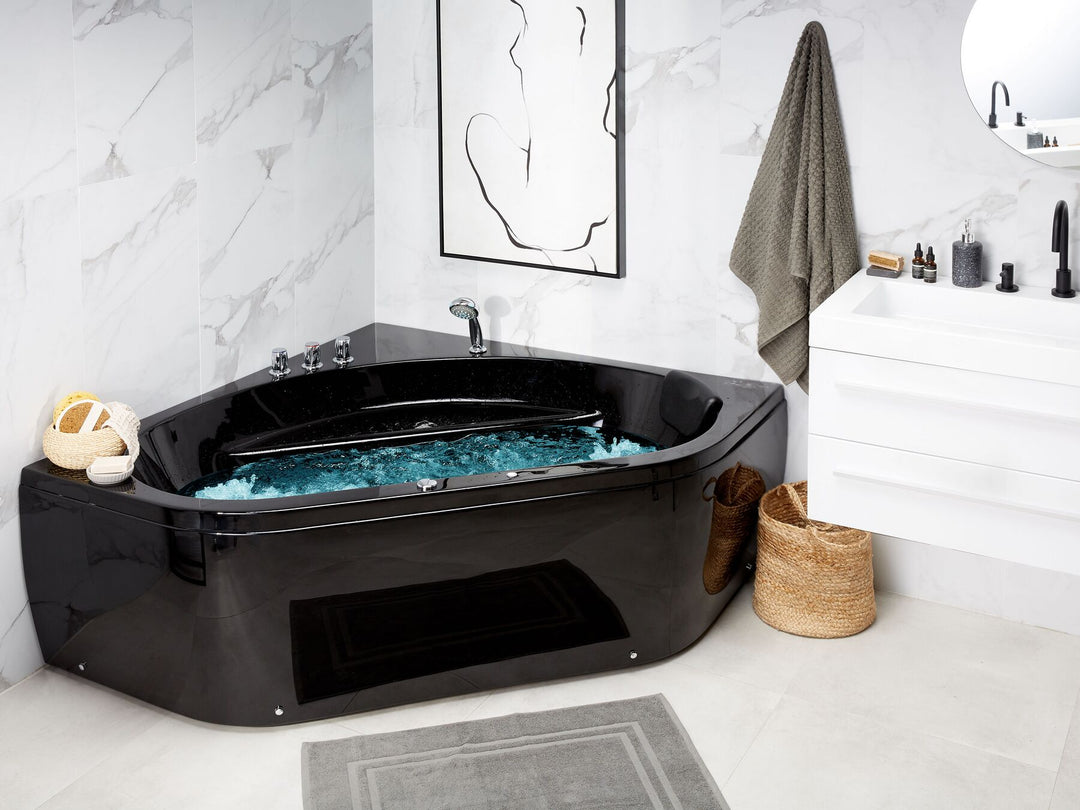 Whirlpool Corner Bath with LED 1400 x 1400 mm Black Meves