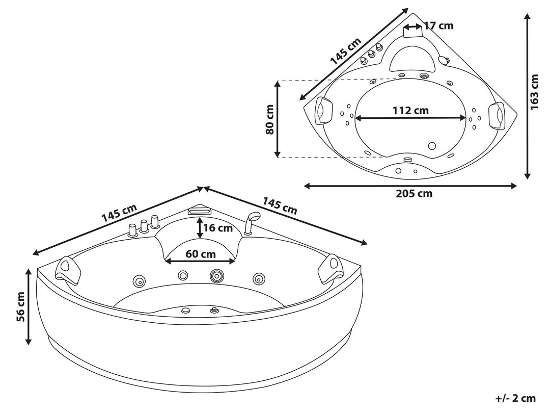 Whirlpool Corner Bath with LED 2050 x 1500 cm Black Senado