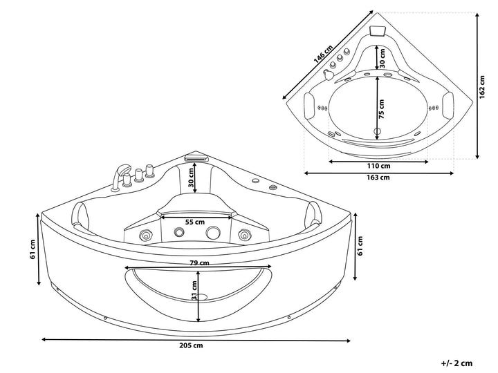 Whirlpool Corner Bath with LED 2050 x 1460 mm Black Tocoa