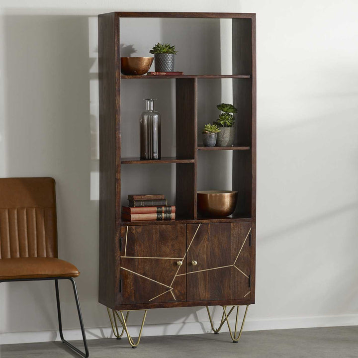 Dark Wood Gold Large Bookcase with Storage