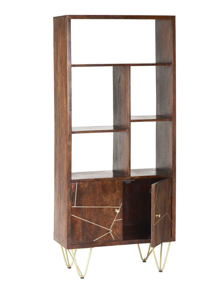 Dark Wood Gold Large Bookcase with Storage