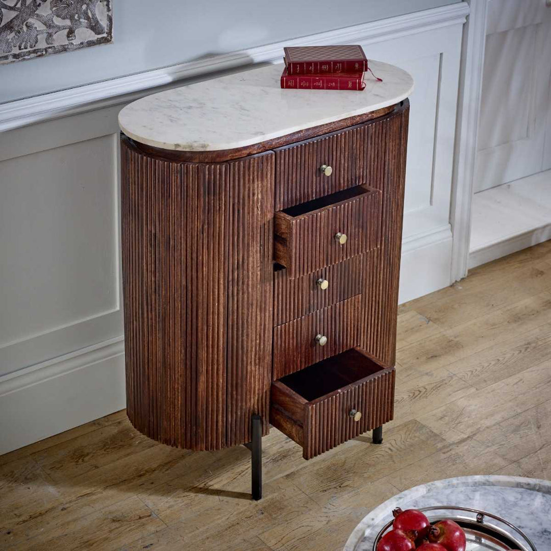 Marble Top & Metal Legs Mango Wood Wide Chest Of Drawers Opal