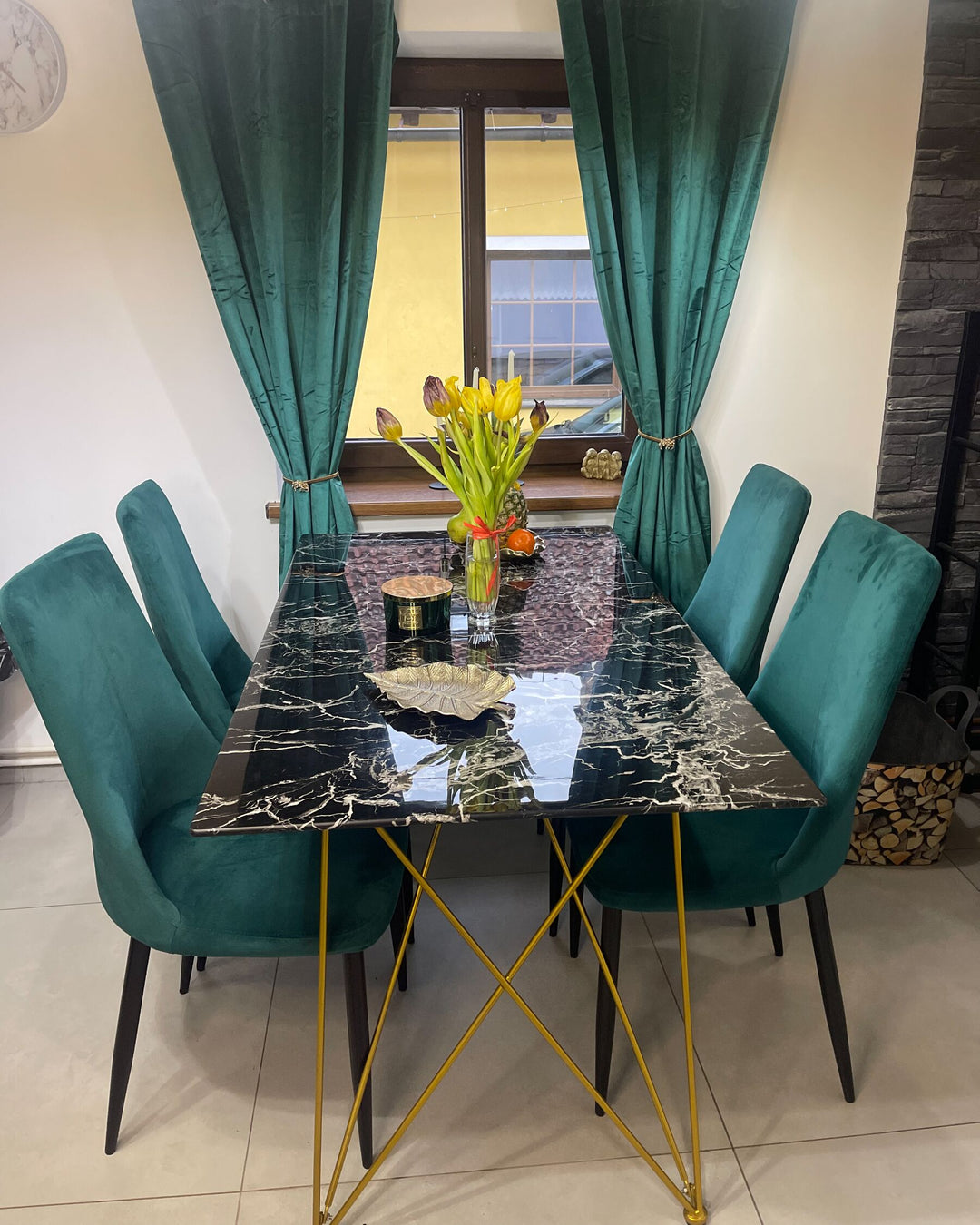 4 Seater Dining Table Marble Effect Black with Gold Celsina