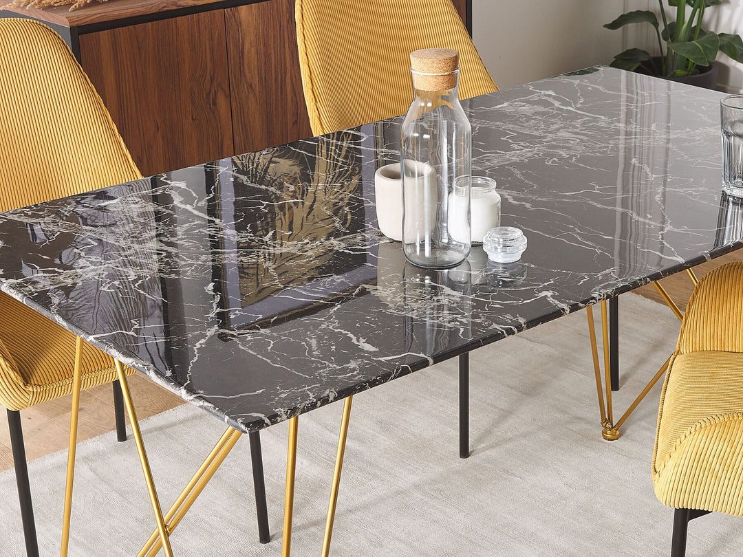 4 Seater Dining Table Marble Effect Black with Gold Celsina