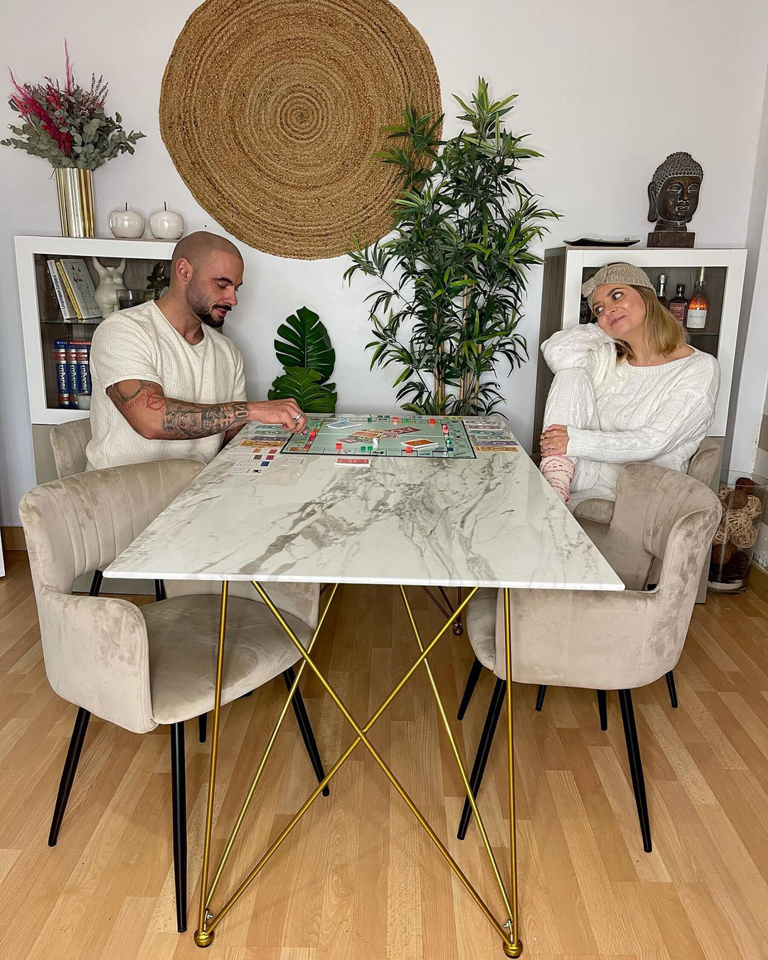 Dining Table 140 x 80 cm Marble Effect White with Gold Celsina