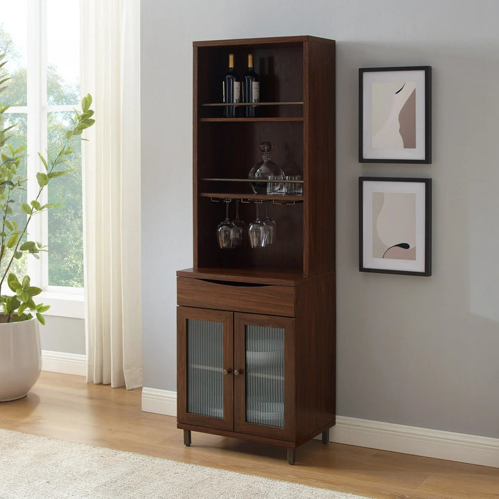 Wood Bar Cabinet with wine storage and Hutch Dark Walnut Adellyn