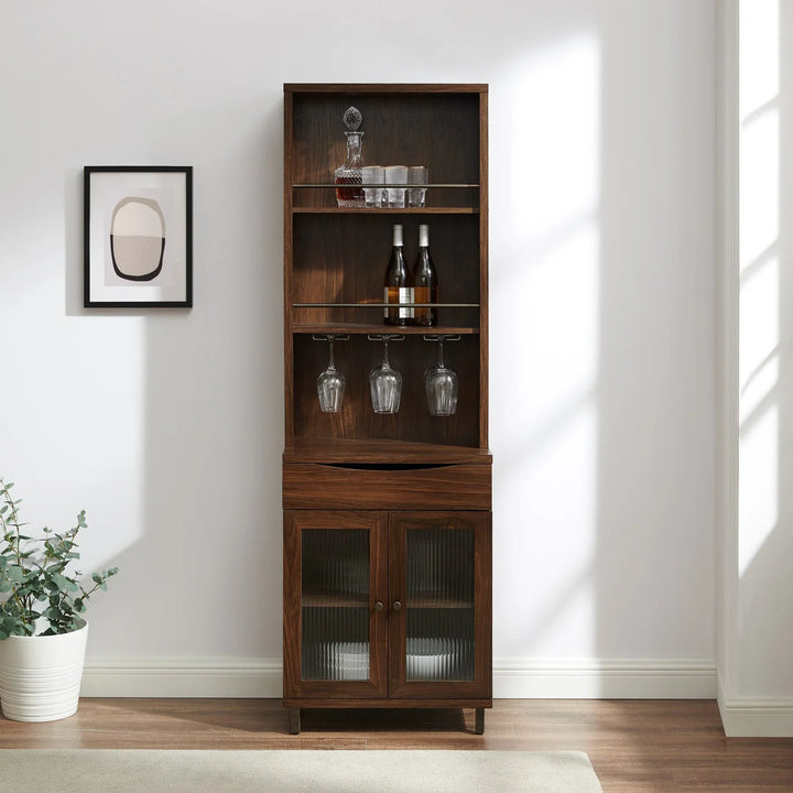 Wood Bar Cabinet with wine storage and Hutch Dark Walnut Adellyn