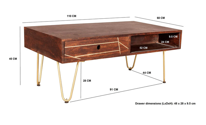 Dark Gold Rectangular Coffee Table With Drawer