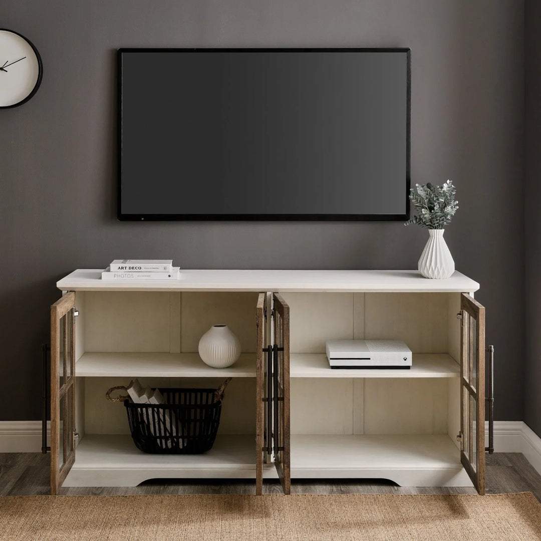 4 Door TV Stand Brushed White/Rustic Oak Limestone