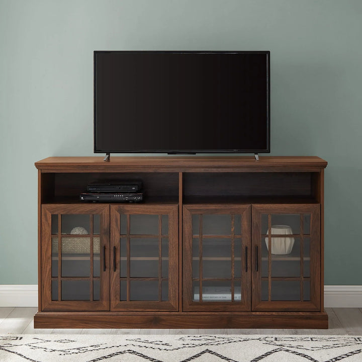 Glass 4 Door TV Stand Dark Walnut Hasler