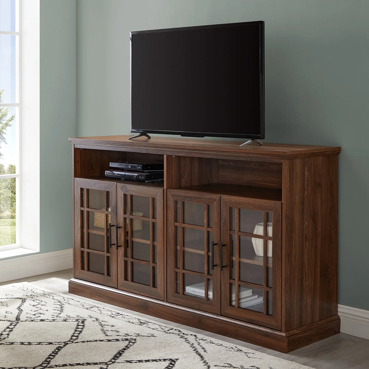 Glass 4 Door TV Stand Dark Walnut Hasler