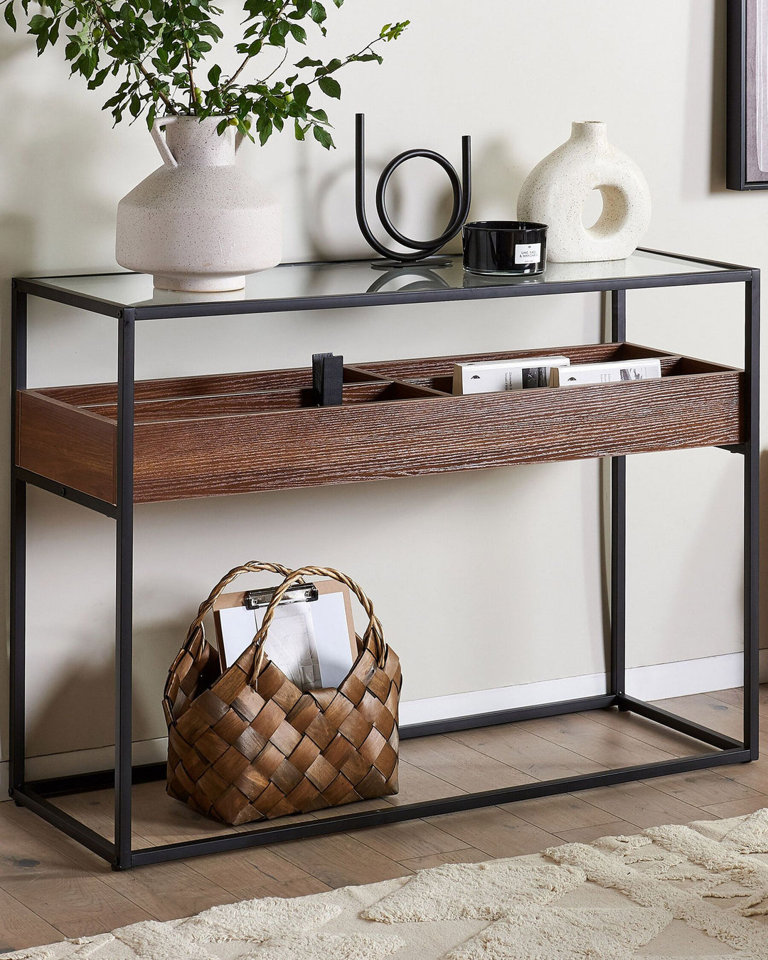 Glass Top Console Table Dark Wood and Black Waco