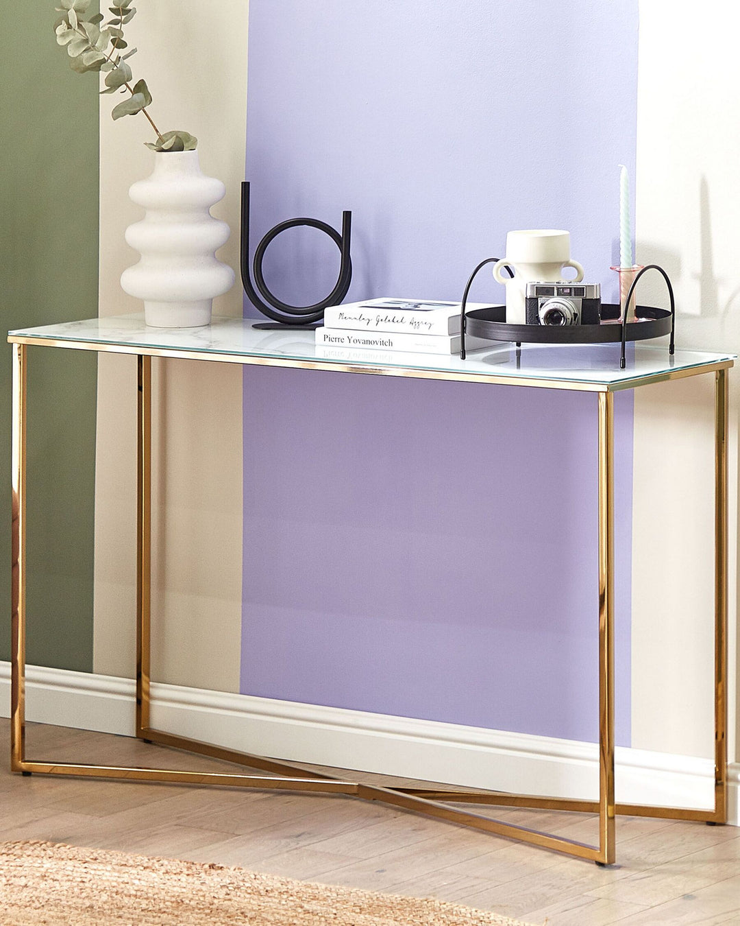 Glass Top Console Table Marble Effect White and Gold Royse