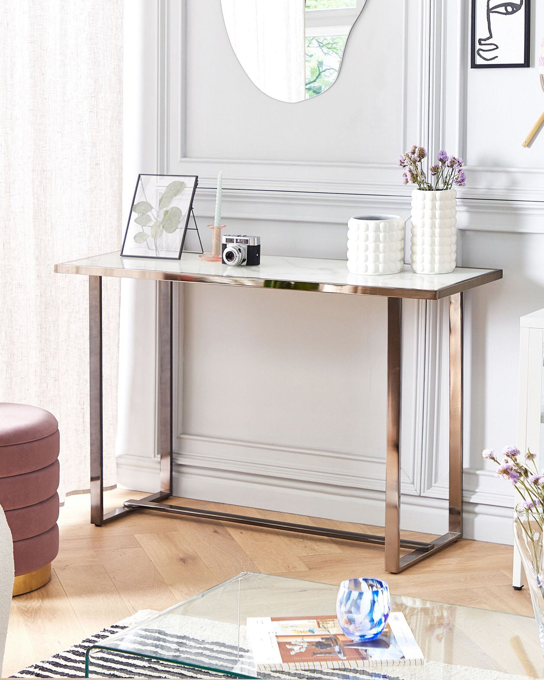 Glass Top Console Table Marble Effect White with Silver Plano