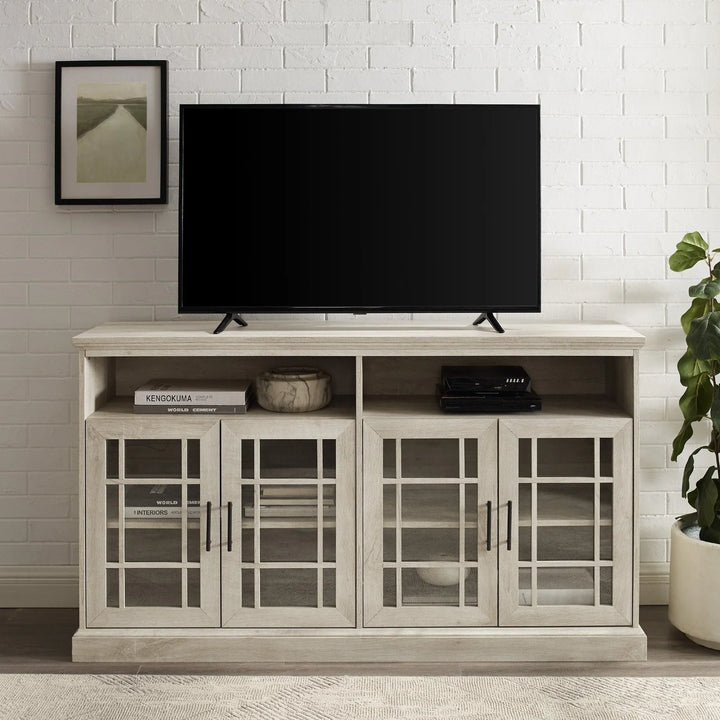 Glass 4 Door TV Stand White Oak Ahumada