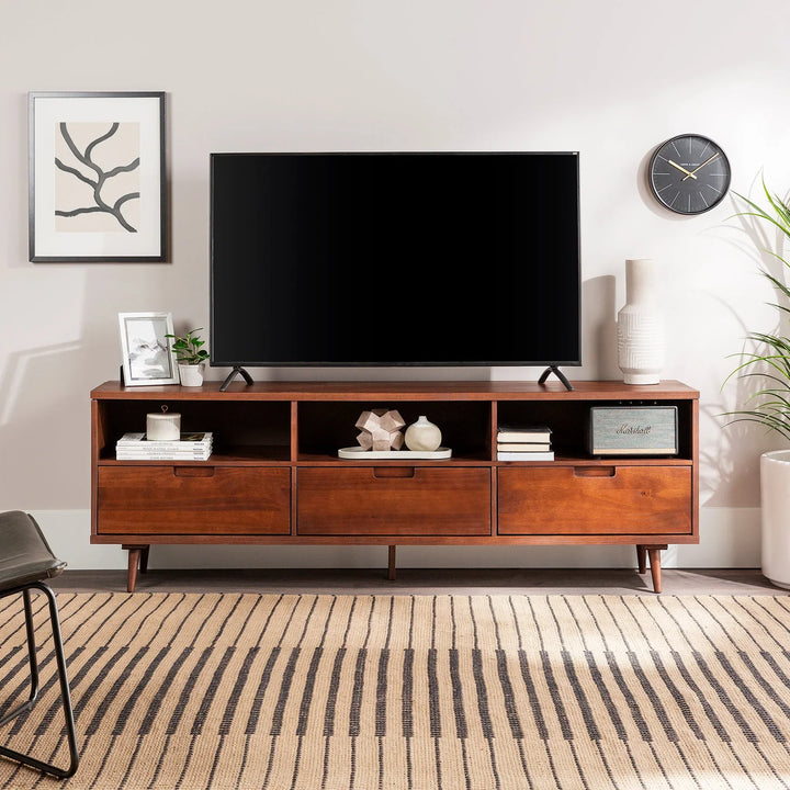 3 Drawer Solid Wood TV Stand Walnut Pearl