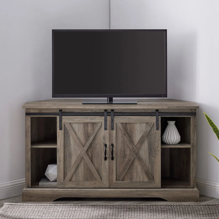 Sliding Barn Door Corner TV Stand Grey Wash Antonina