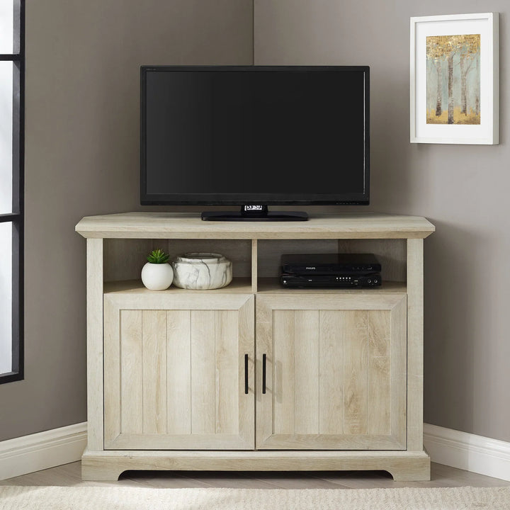 Grooved Door Corner TV Stand White Oak Agarita