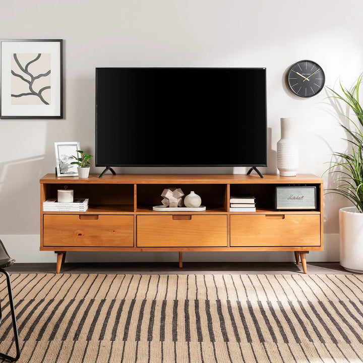 3 Drawer Solid Wood TV Stand Caramel Antoni