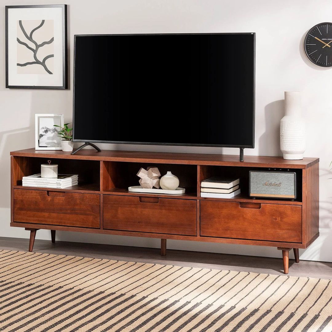 3 Drawer Solid Wood TV Stand Walnut Pearl