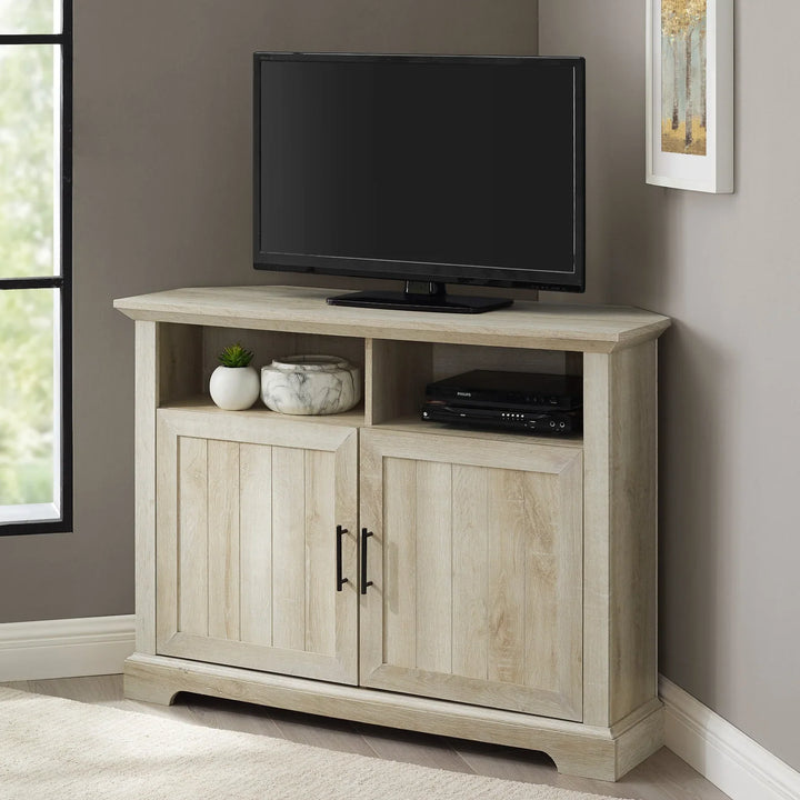 Grooved Door Corner TV Stand White Oak Agarita