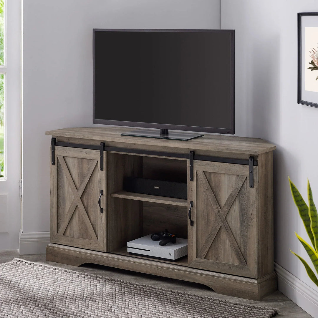 Sliding Barn Door Corner TV Stand Grey Wash Antonina