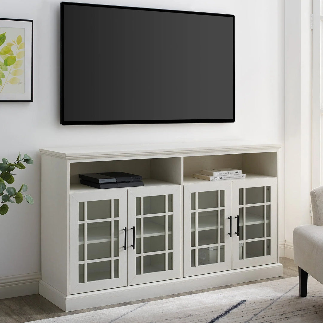 Glass 4 Door TV Stand White Wash Muskoka