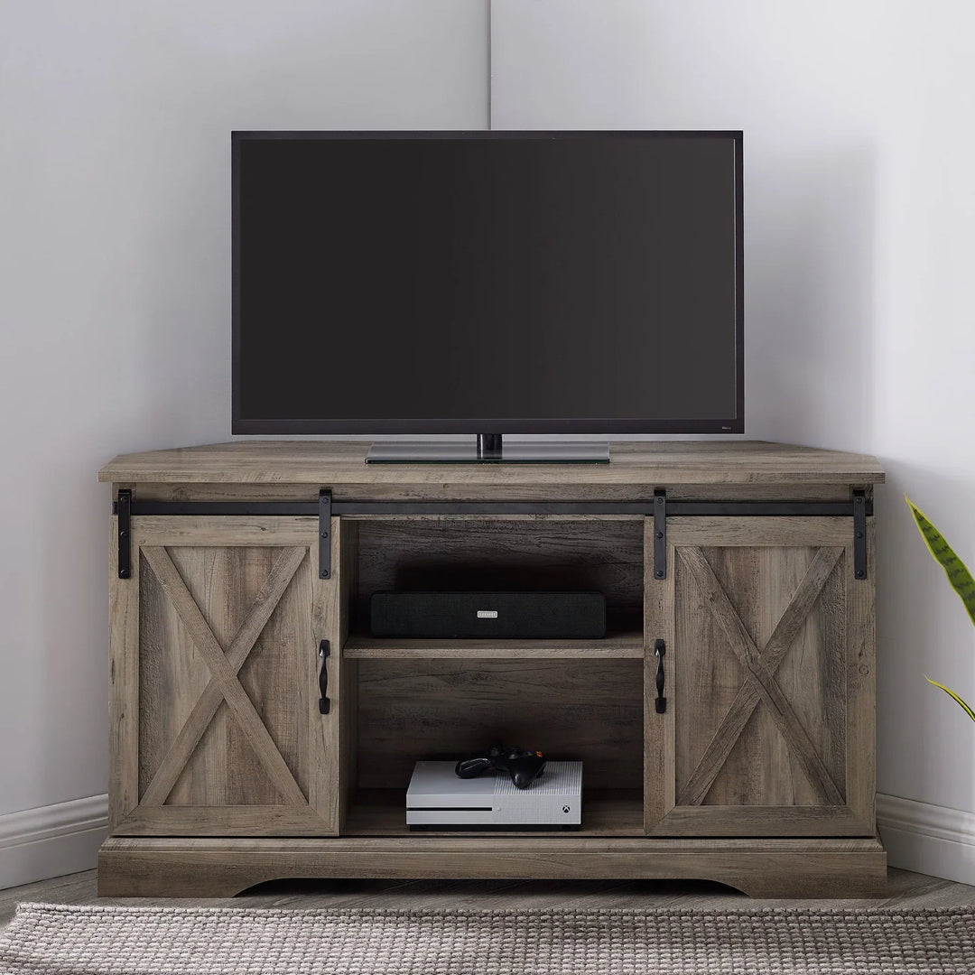 Sliding Barn Door Corner TV Stand Grey Wash Antonina