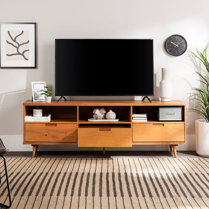 3 Drawer Solid Wood TV Stand Caramel Antoni