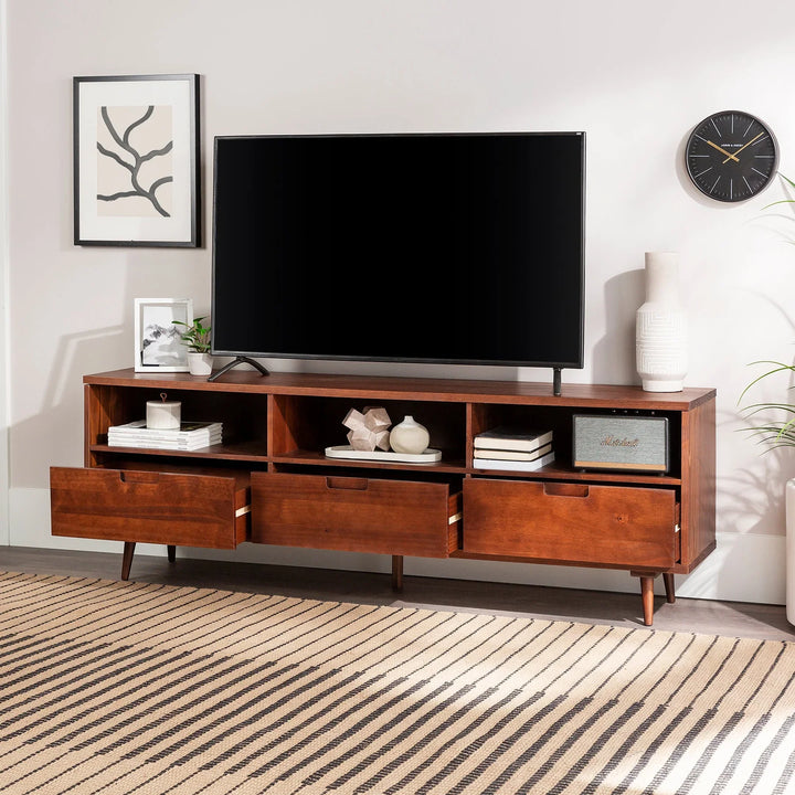 3 Drawer Solid Wood TV Stand Walnut Pearl