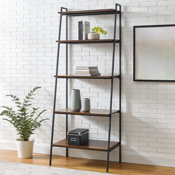 Metal & Wood Ladder Bookshelf Dark Walnut/Black Madelyn