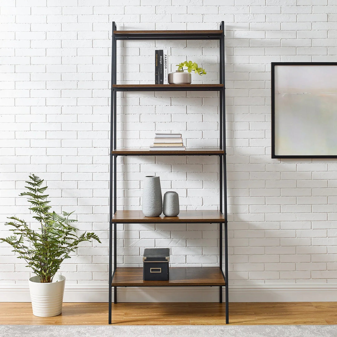 Metal & Wood Ladder Bookshelf Dark Walnut/Black Madelyn