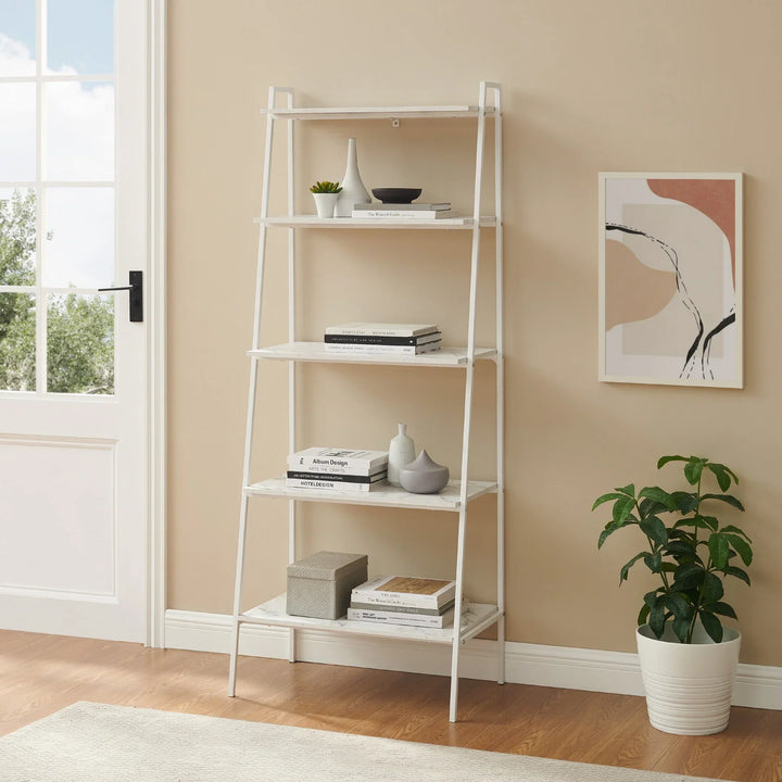 Metal & Wood Ladder Bookshelf White Marble/White Madelyn