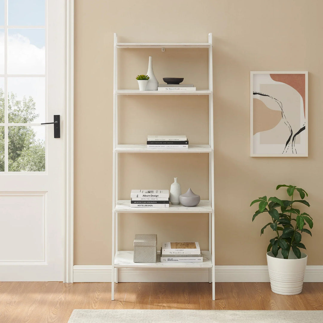 Metal & Wood Ladder Bookshelf White Marble/White Madelyn