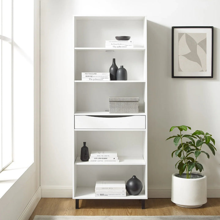 Modern 5 Shelf Bookshelf with Drawer Solid White Aleksei