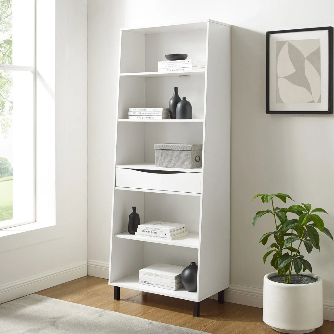 Modern 5 Shelf Bookshelf with Drawer Solid White Aleksei