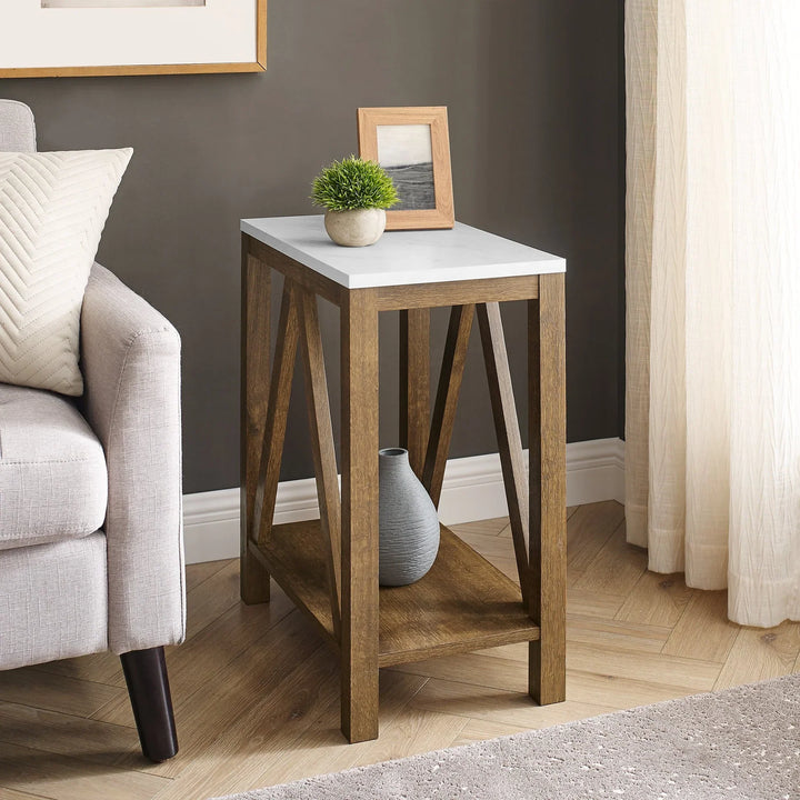 Narrow Side Table Faux White Marble/Walnut Adnand