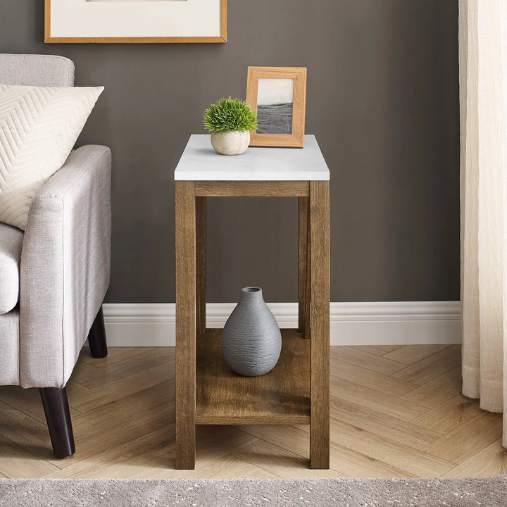 Narrow Side Table Faux White Marble/Walnut Adnand