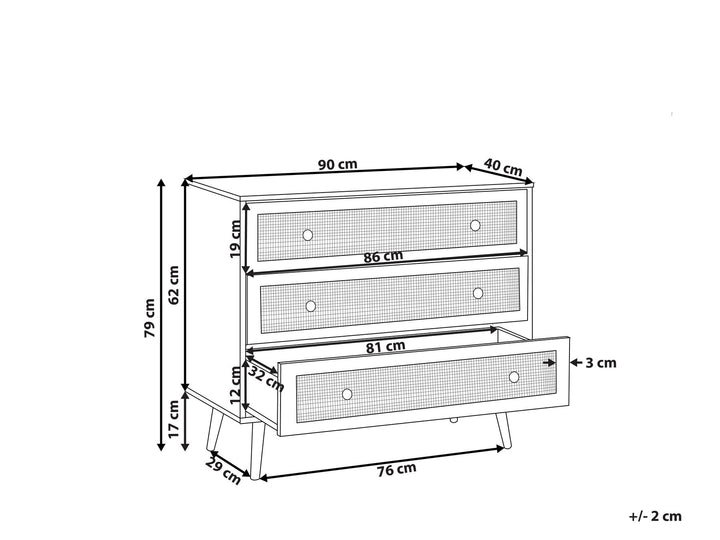 Rattan 3 Drawer Chest Light Wood Ponca