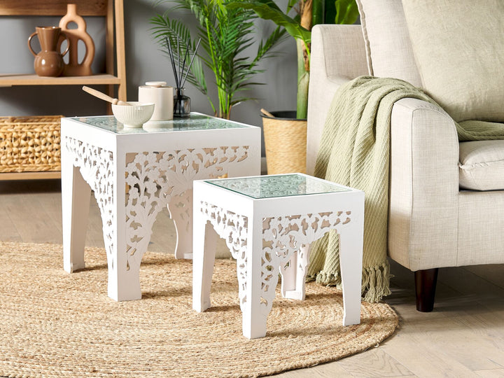 Set of 2 Glass Top Side Tables White Amadpur