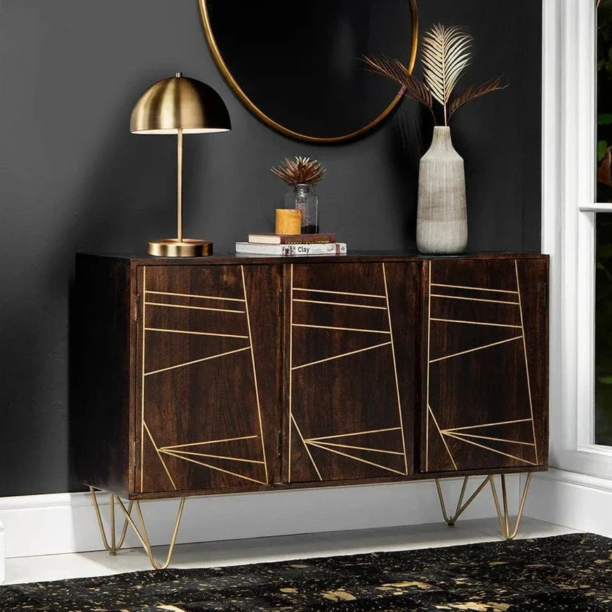 Dark Wood Gold 3 Door Large Sideboard