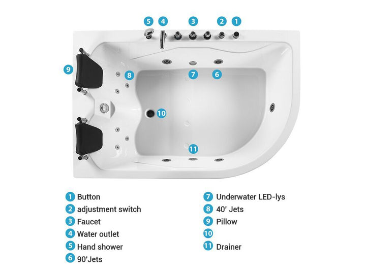 Right Hand Whirlpool Corner Bath with LED 1800 x 1200 mm White Calama